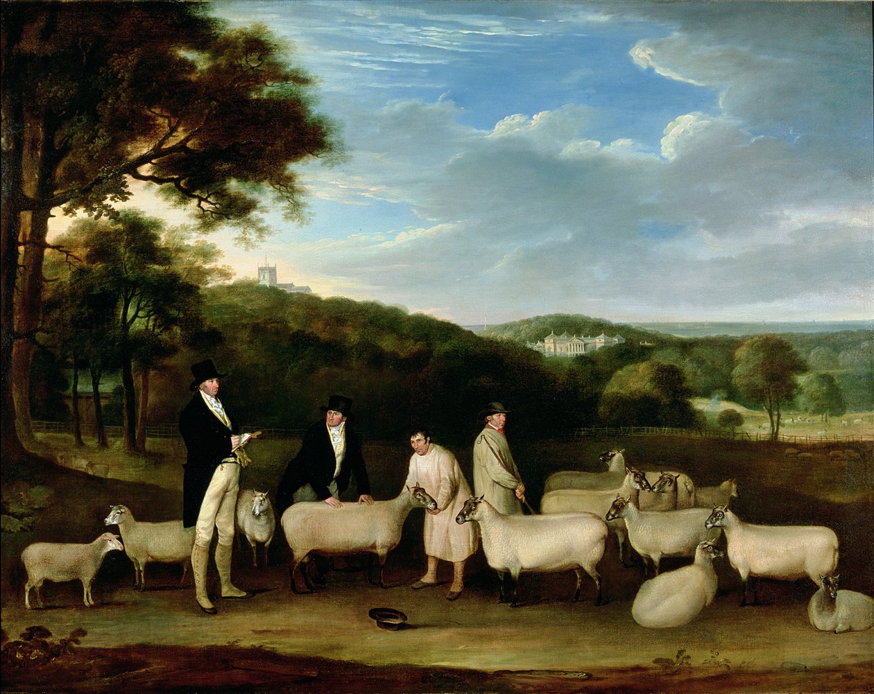 Retrato de Thomas William Coke, Esq. (1752-1842) inspeccionando algunas de sus ovejas South Down con el Sr. Walton y los pastores de Holkham de Thomas Weaver