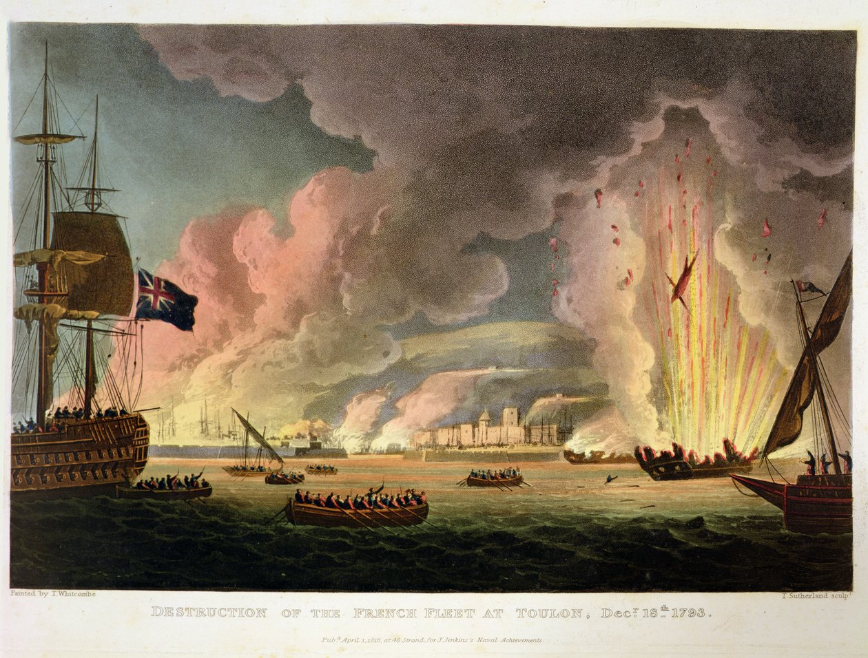 Destrucción de la Flota Francesa en Toulon, 18 de diciembre de 1793, grabado por Thomas Sutherland para 