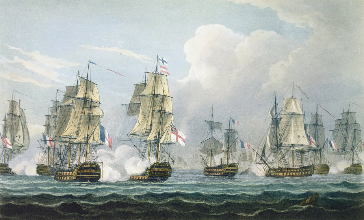 Acción de Sir Richard Strachan después de la Batalla de Trafalgar el 5 de noviembre de 1805, grabado por T. Sutherland para 
