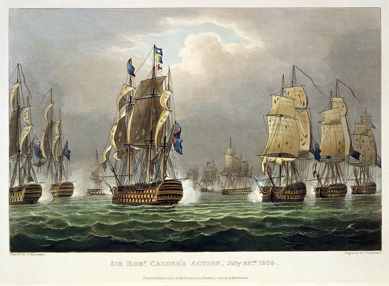 Acción de Sir Robert Calder, 22 de julio de 1805, grabado por Thomas Sutherland para 