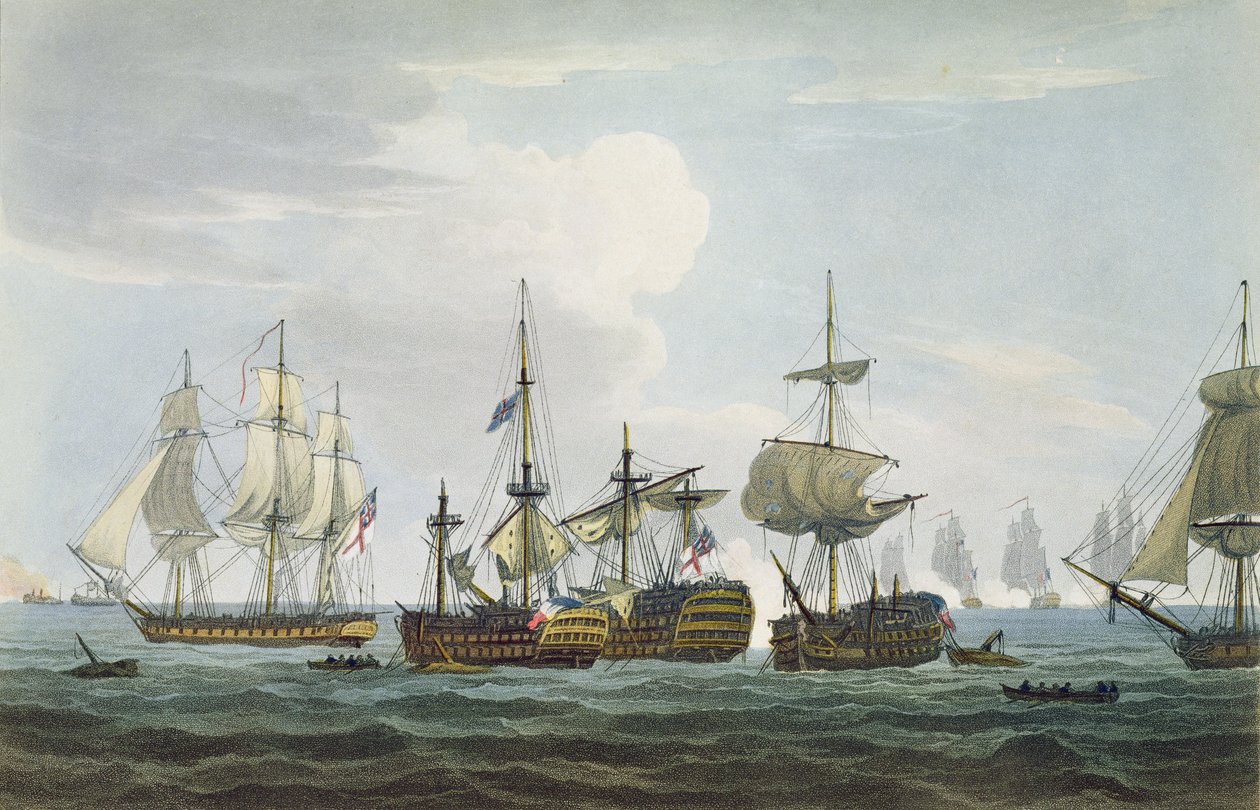 Situación del HMS Temeraire en la Batalla de Trafalgar el 21 de Octubre de 1805, grabado por T. Sutherland para 