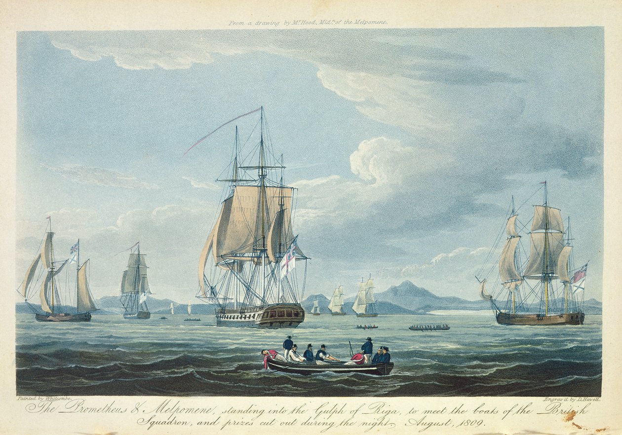 El Prometeo y la Melpómene en el Golfo de Riga para encontrarse con el Escuadrón Británico, agosto de 1809, grabado por D. Havell para 