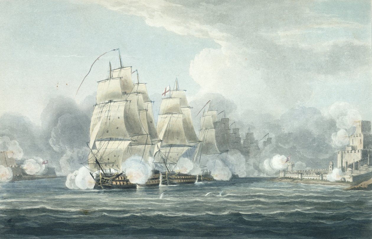 El Escuadrón bajo el mando de Sir F.T Duckworth forzando el estrecho canal de los Dardanelos, 19 de febrero de 1807, grabado por T. Sutherland para 