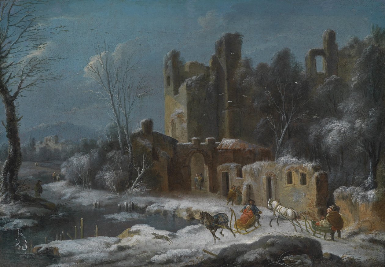 Un paisaje invernal con viajeros en trineos de caballos frente a ruinas de Thomas Wijck