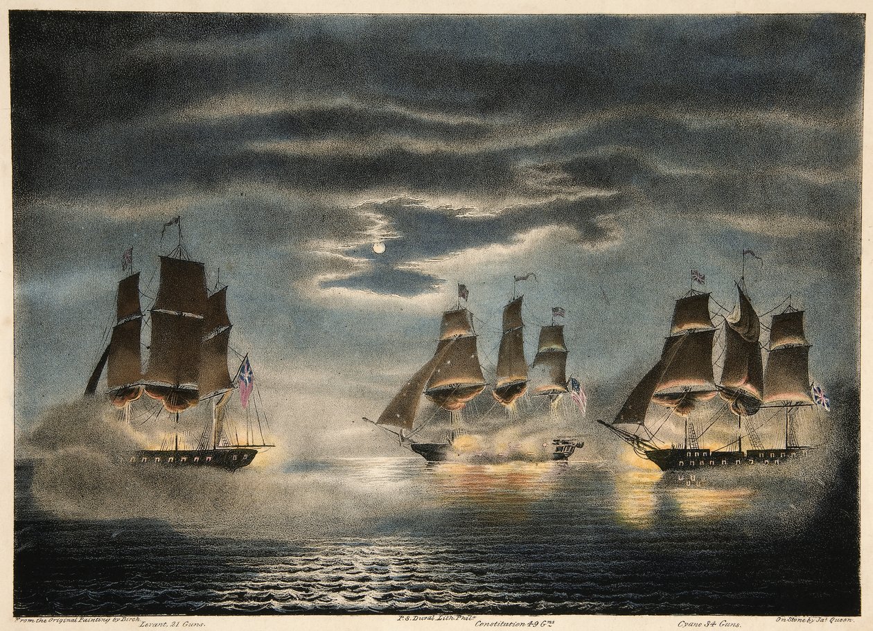 Captura de los barcos H.M. Cyane y Levant, por la fragata estadounidense Constitution, de Army and Navy Magazine, pub. 1840 de Thomas after Birch