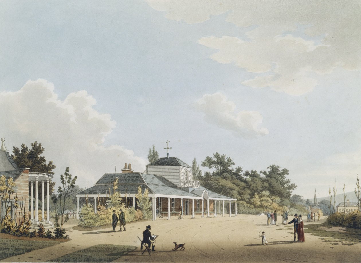 La sala de bombas de Montpelier, Cheltenham, grabado por John Bluck, 1813 de Thomas after Hulley