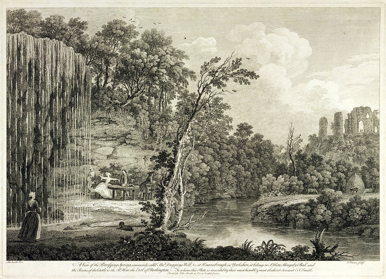 Vista del manantial petrificante comúnmente llamado el Pozo Goteante en Knaresborough en Yorkshire, grabado por François Vivares (1709-80) de Thomas of Derby Smith