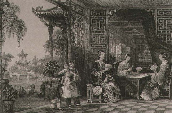 Damas de la familia de un mandarín jugando a las cartas, de 