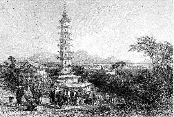 Torre de porcelana, Nanking, grabado por Henry Adlard de Thomas (after) Allom