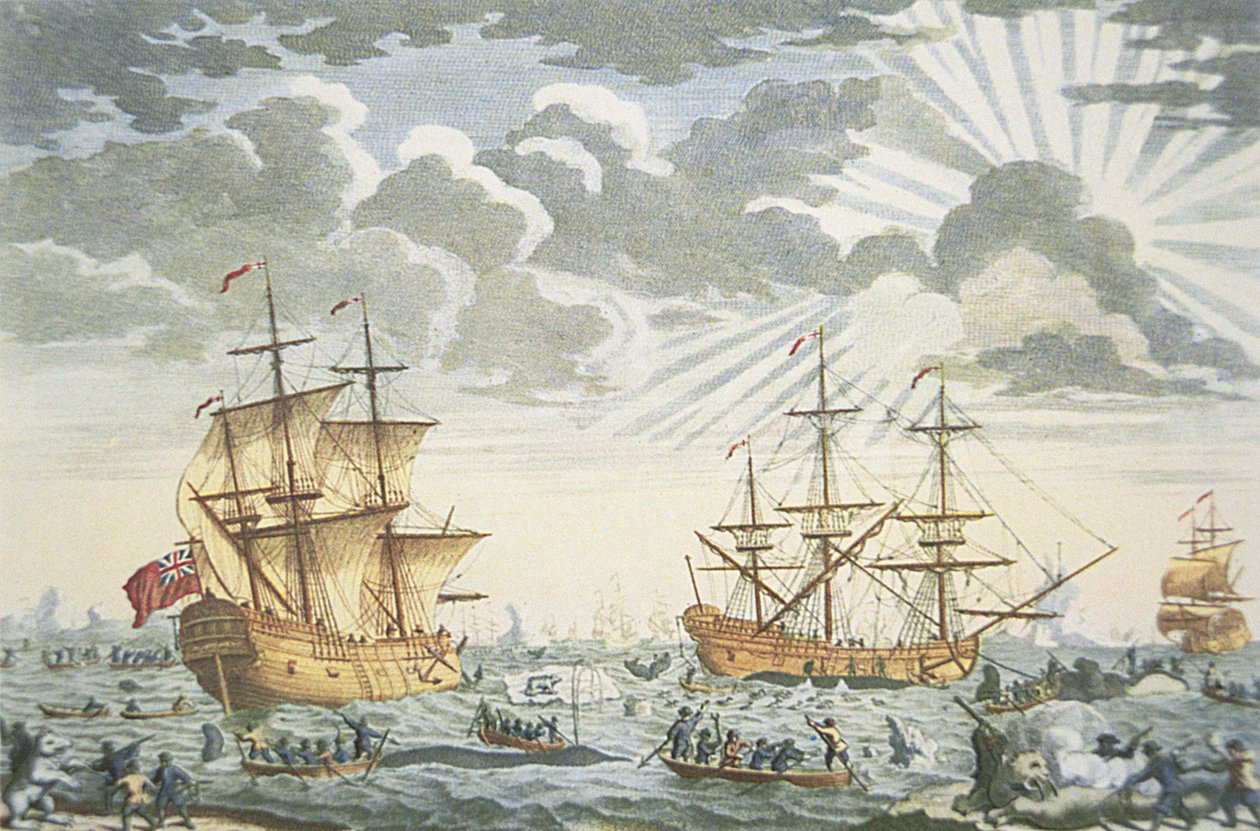 La pesca de ballenas en Groenlandia, grabado por E. Kirkall, c.1720 de Thomas (after) Baston