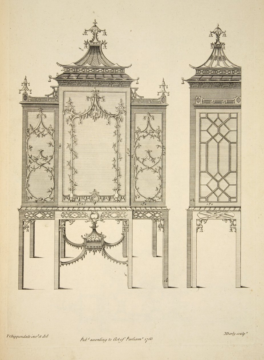 Diseño para una vitrina de porcelana, pub. 1753 (grabado) de Thomas (after) Chippendale