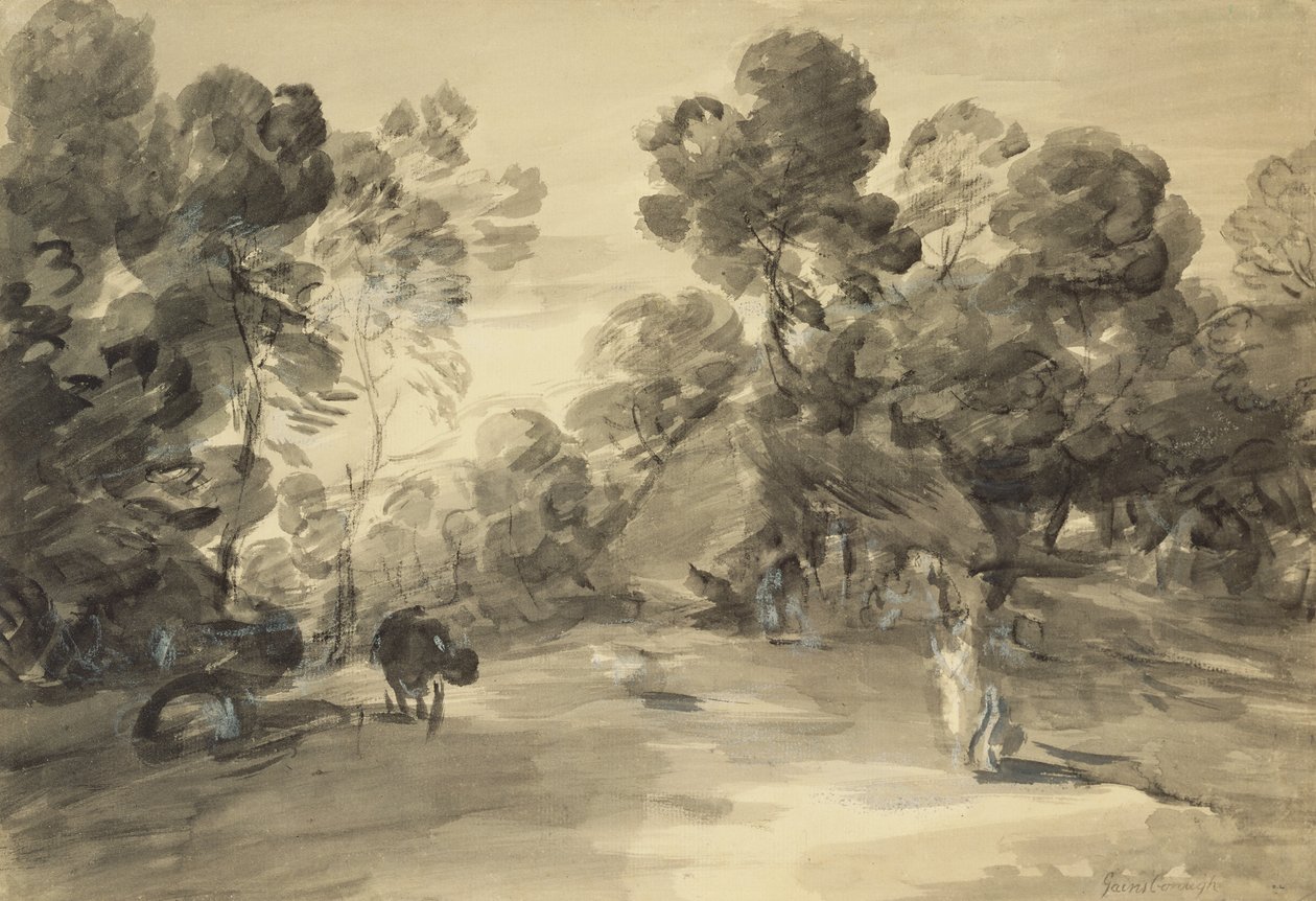 Paisaje boscoso con figuras, cabaña y vaca, c.1785 de Thomas (after) Gainsborough