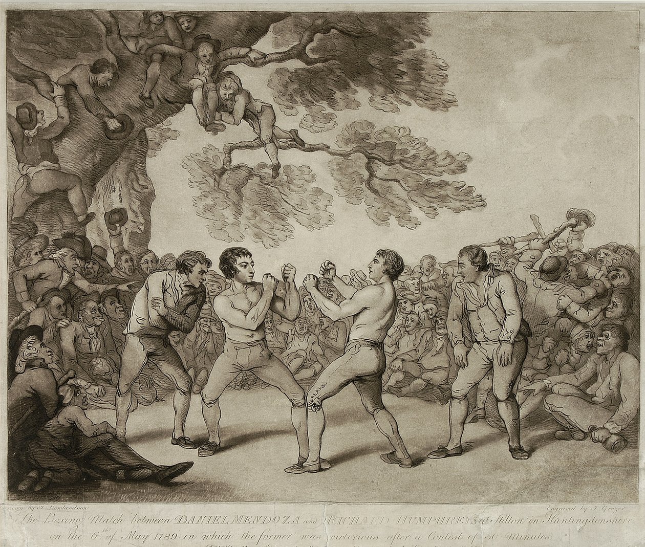 El combate de boxeo entre Daniel Mendoza y Richard Humphreys en Stilton, Huntingdonshire, 6 de mayo de 1789 (grabado por Joseph Grozer) de Thomas (after) Rowlandson