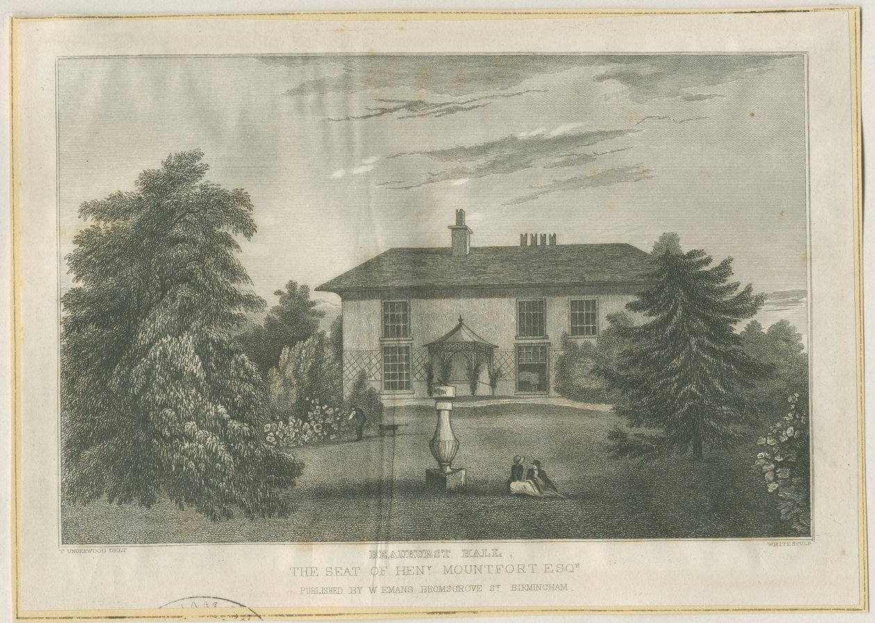 Checkley - Beauhurst Hall: grabado, nd [c 1820-1830] de Thomas (after) Underwood