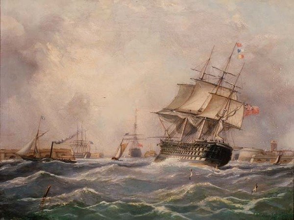 Buque de guerra británico frente a Portsmouth de Thomas (attr. to) Buttersworth