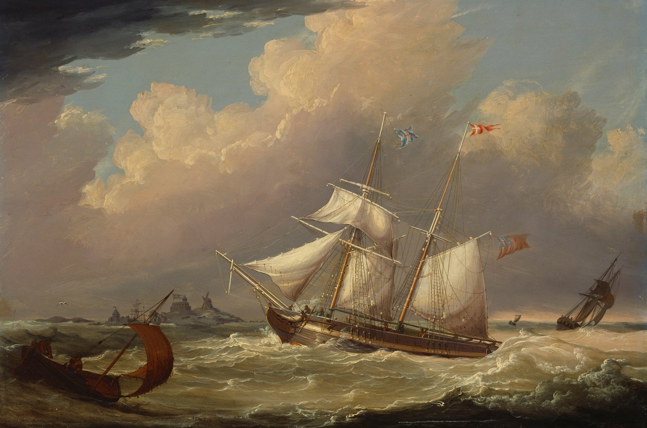 El bergantín inglés "The Guide" entrando en el río Elba en Alemania, 1828 de Thomas A. Binks