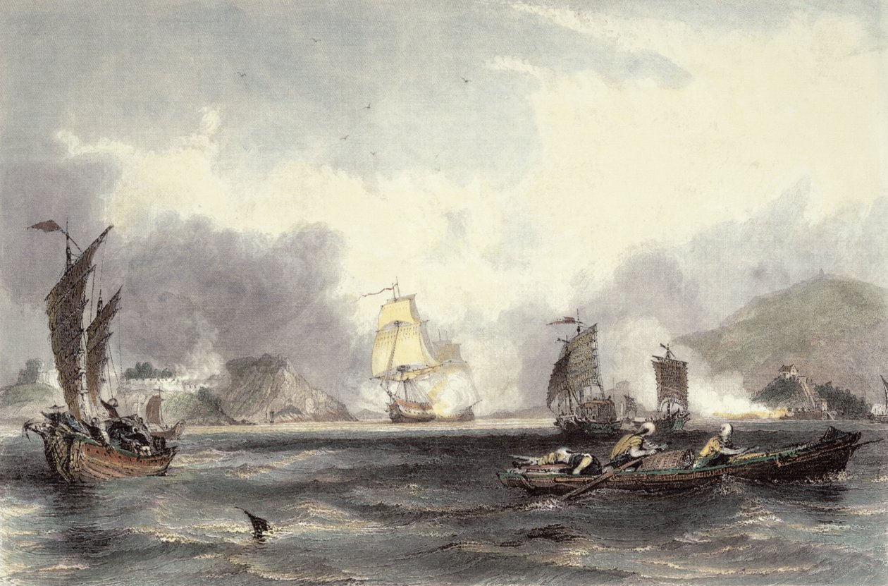 Los barcos HM Imogene y Andromache pasando las baterías de Bocca-Tigris, c.1850 de Thomas Allom