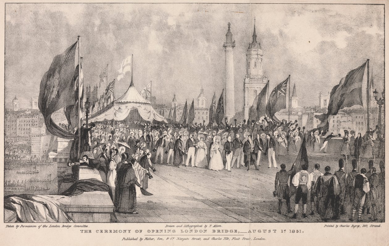 Ceremonia de apertura del Puente de Londres con el Viejo Puente de Londres de fondo de Thomas Allom