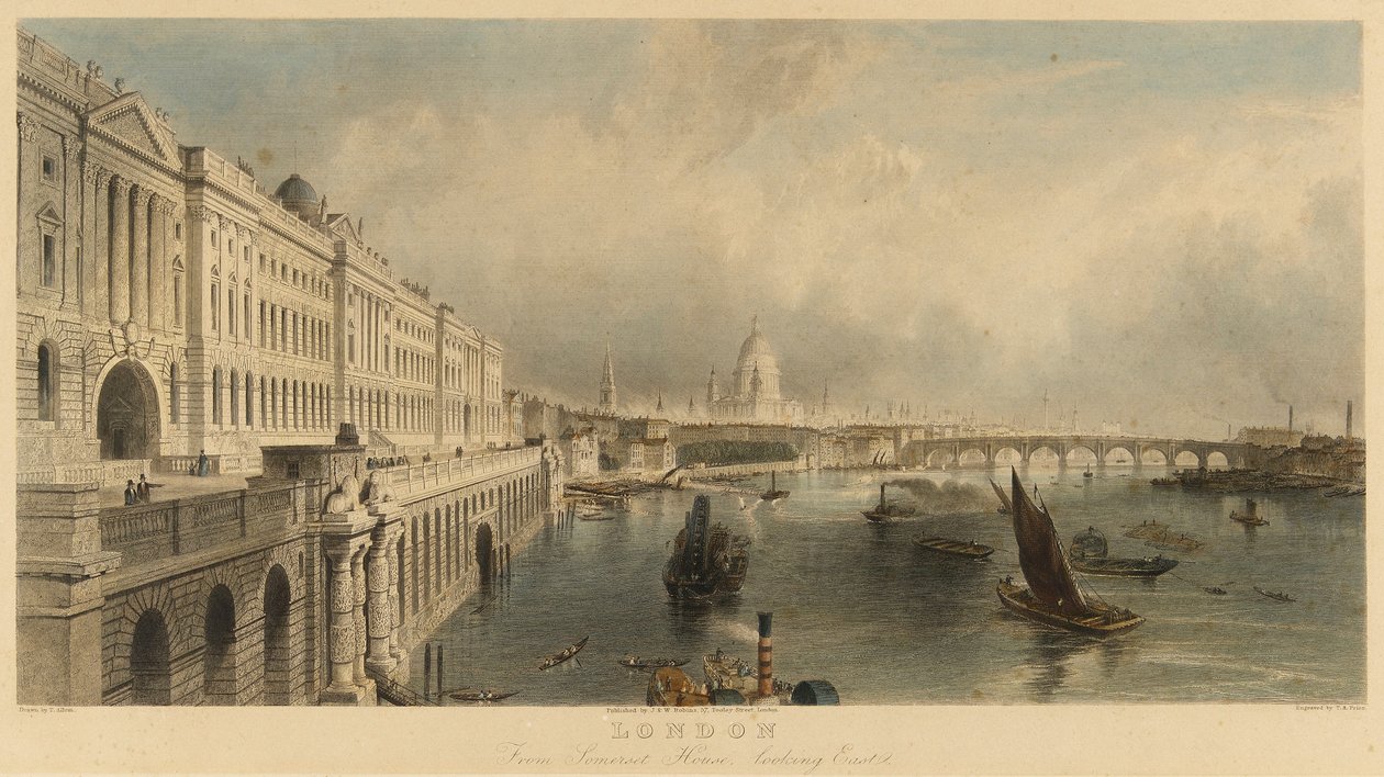 Vista de Londres, Inglaterra, desde el edificio Somerset House Marine, con la catedral de San Pablo y el puente de Londres. Litografía de Thomas Allom