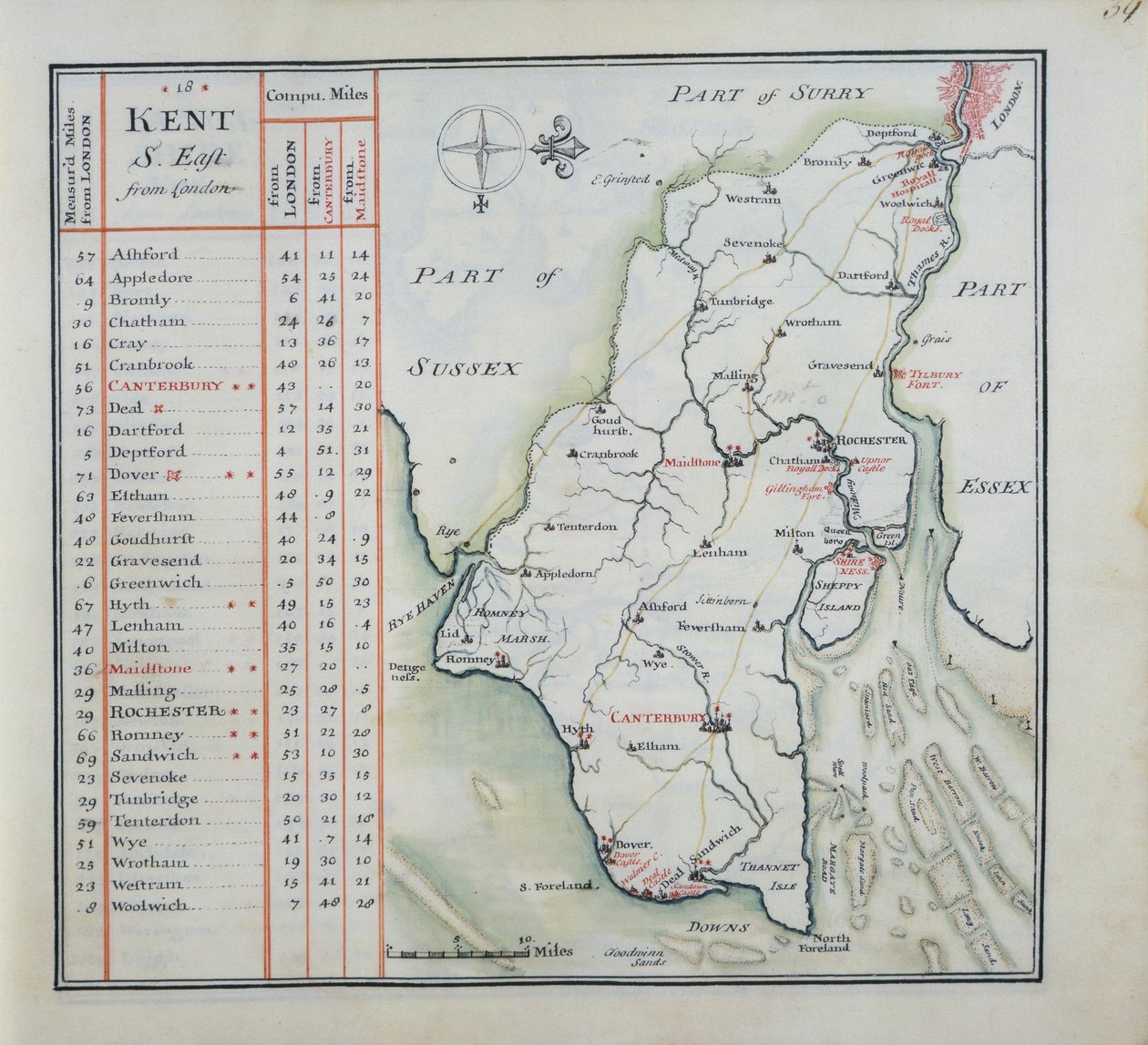 Kent, lámina 39r, de A Compleat Sett of Mapps of England and Wales in General..., 1724 de Thomas Badeslade