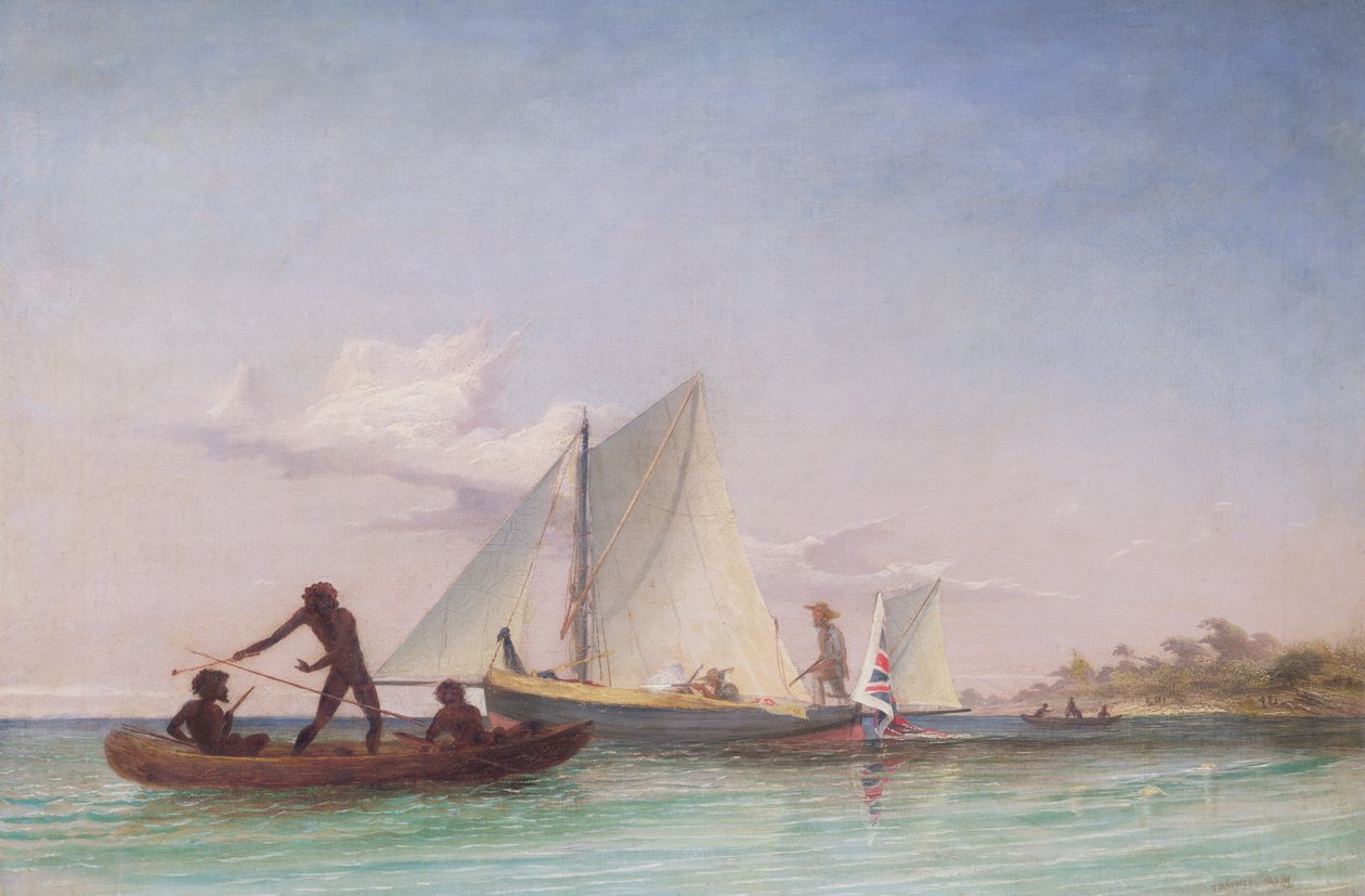 El bote largo del mensajero atacado por nativos de Thomas Baines