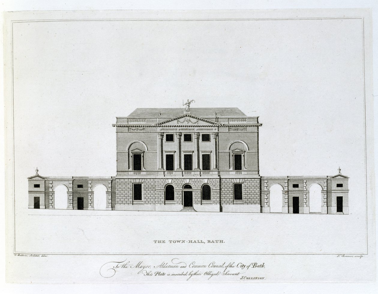 El Ayuntamiento, Bath, grabado por T. Bonnor de Thomas Baldwin