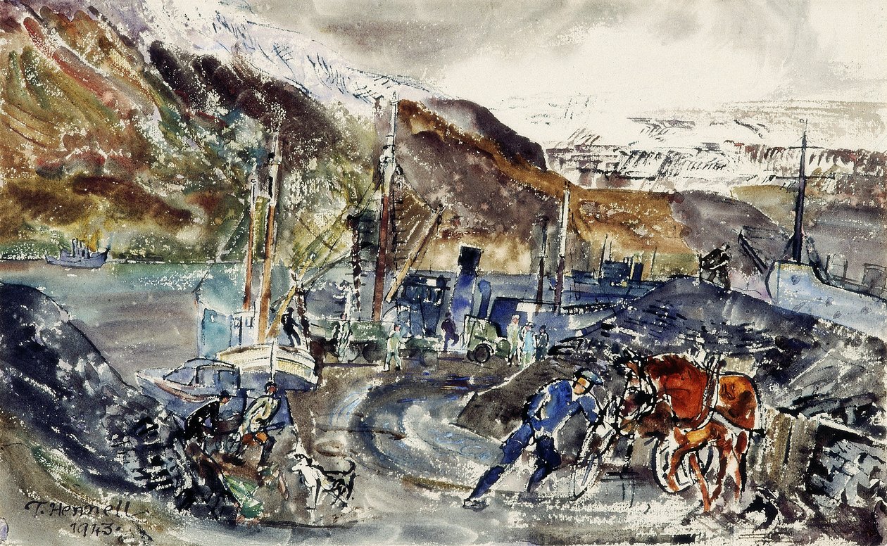 Carro de carbón local y arrastreros, Seydisfjordur, Islandia de Thomas Barclay Hennell