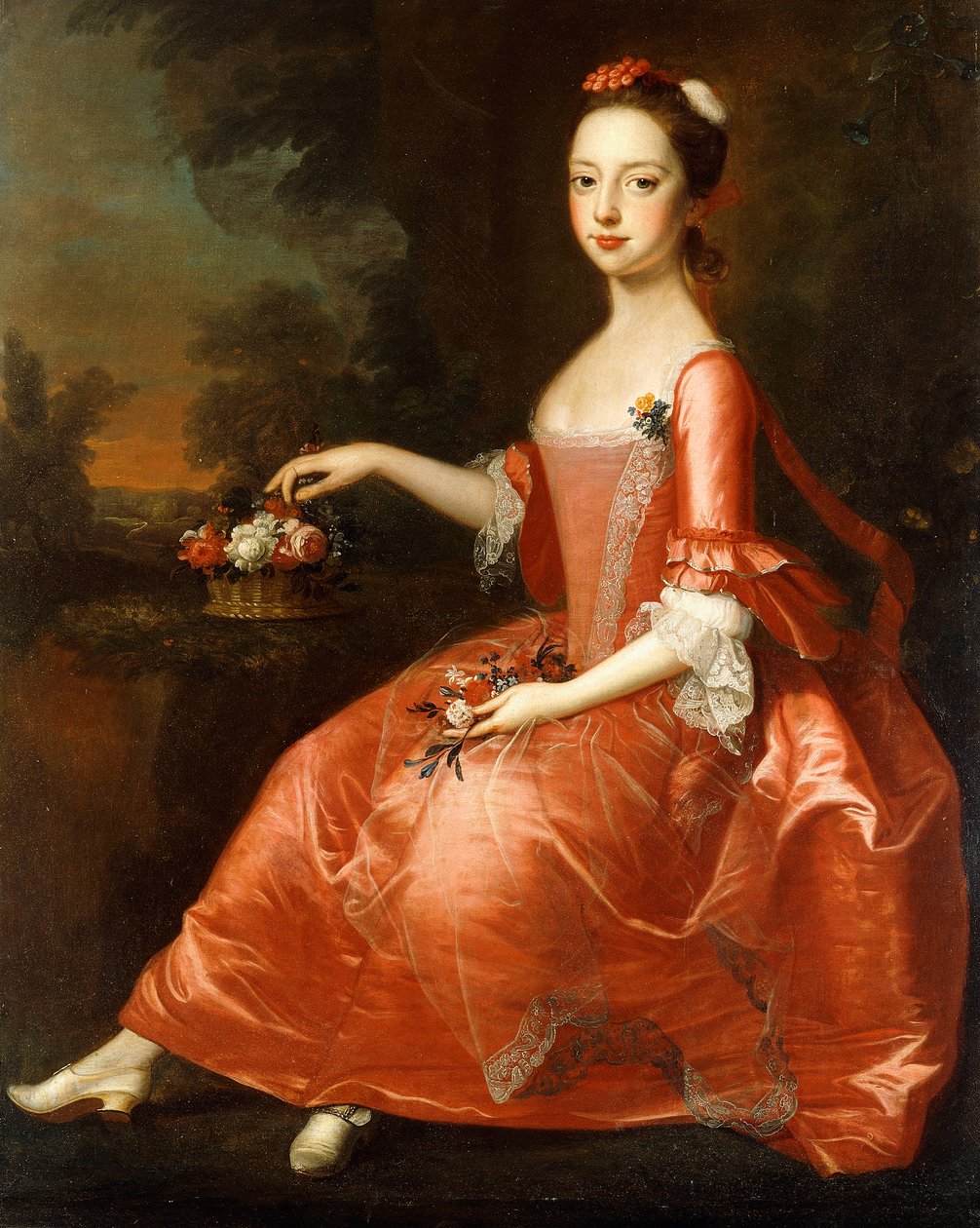 Retrato de una joven dama, sentada a cuerpo entero, con un vestido rojo de Thomas Bardwell