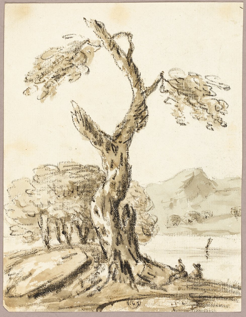 Árbol grande con lago y montañas de fondo de Thomas Barker