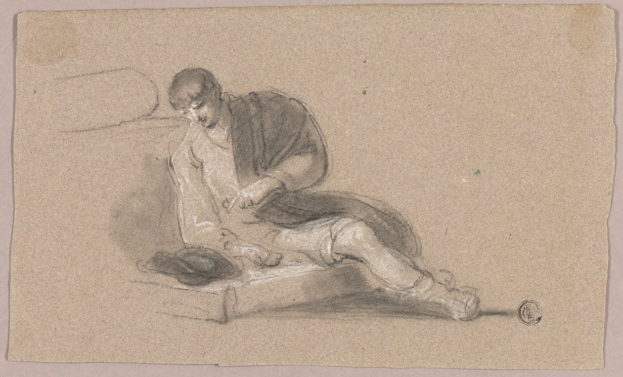 Hombre sentado apuntando hacia abajo (anverso y reverso) de Thomas Barker