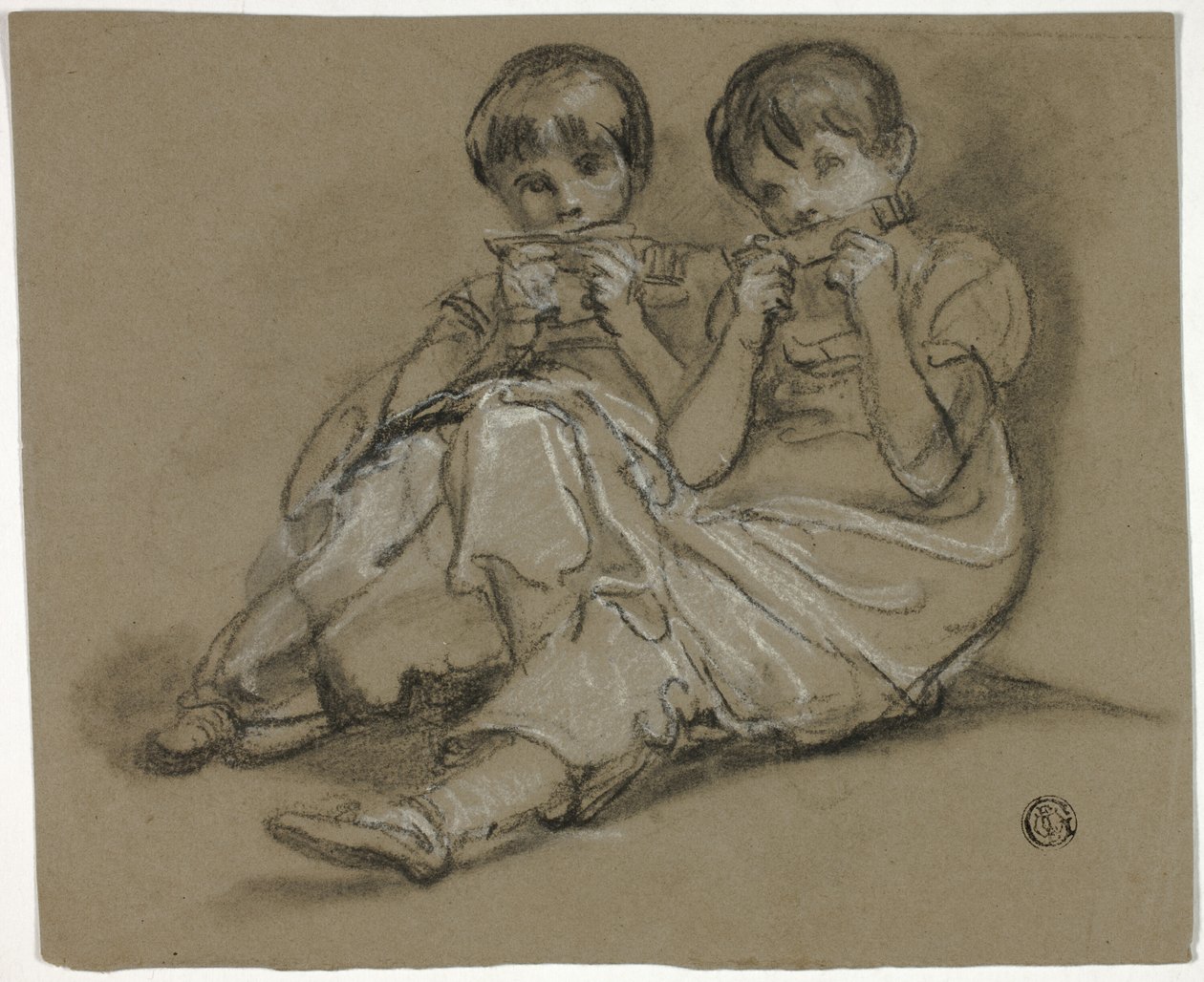 Dos chicas tocando peines (recto); Boceto de mujer sentada con fragmento de otra figura (verso) de Thomas Barker