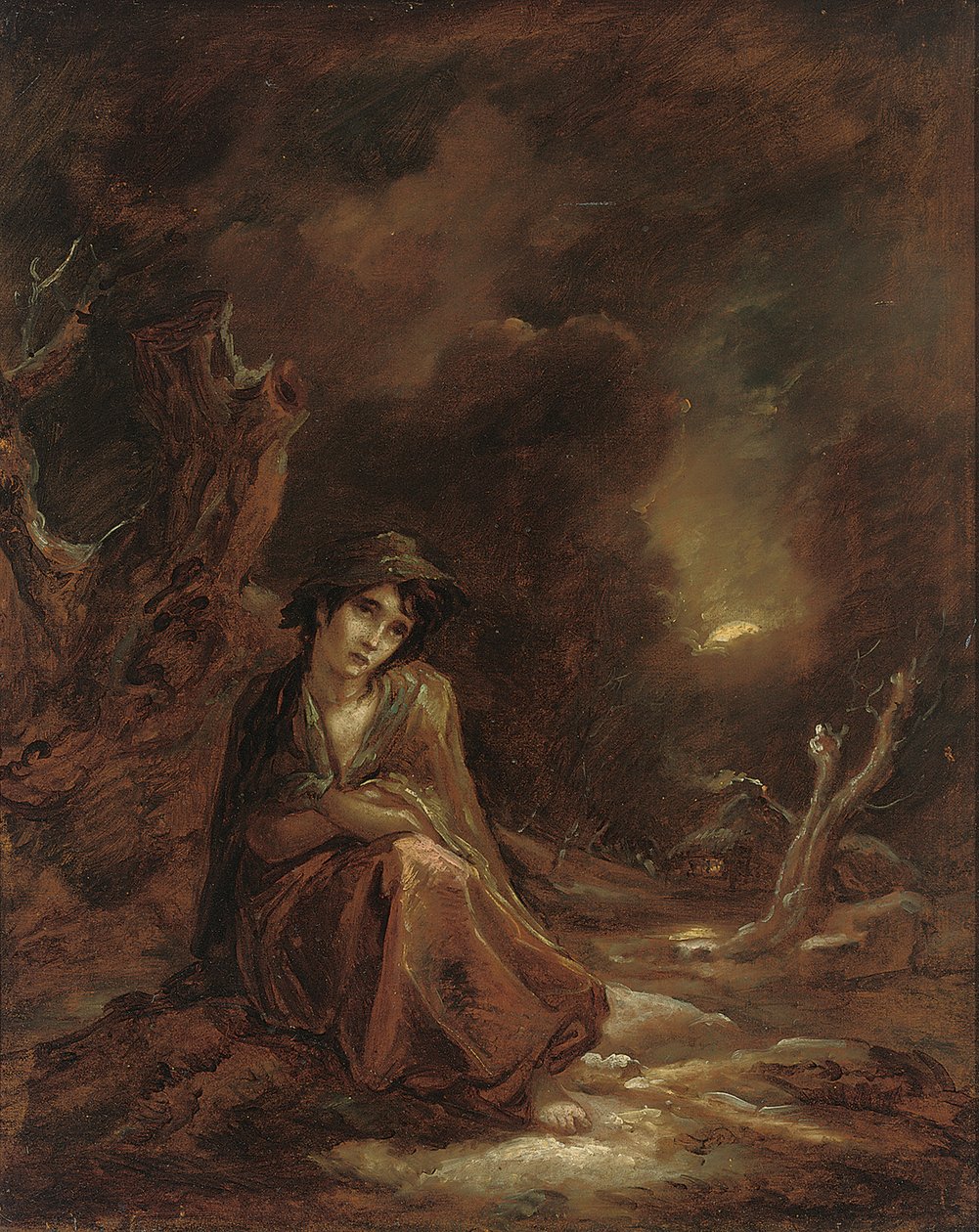 Escenas de "La tarea" de William Cowper: un paisaje invernal a la luz de la luna con Crazy Kate descansando en un camino, 1785 de Thomas Barker of Bath