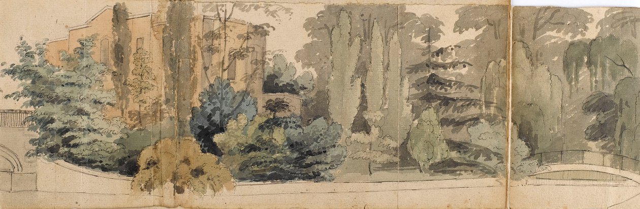 Vista de la fachada de Merton Place, vista desde el otro lado del río, con dos puentes de Thomas Baxter