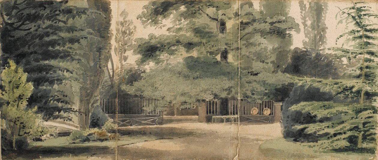 Caminos y una valla bajo los árboles en los terrenos de Merton de Thomas Baxter