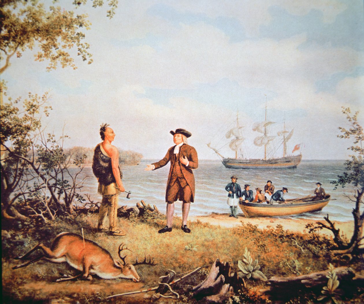 William Penn llega a América por primera vez y se encuentra con un nativo americano en 1682 de Thomas Birch