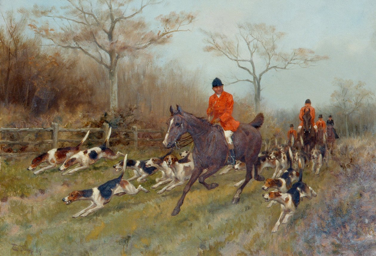 Cazadores y perros en un paisaje boscoso de Thomas Blinks