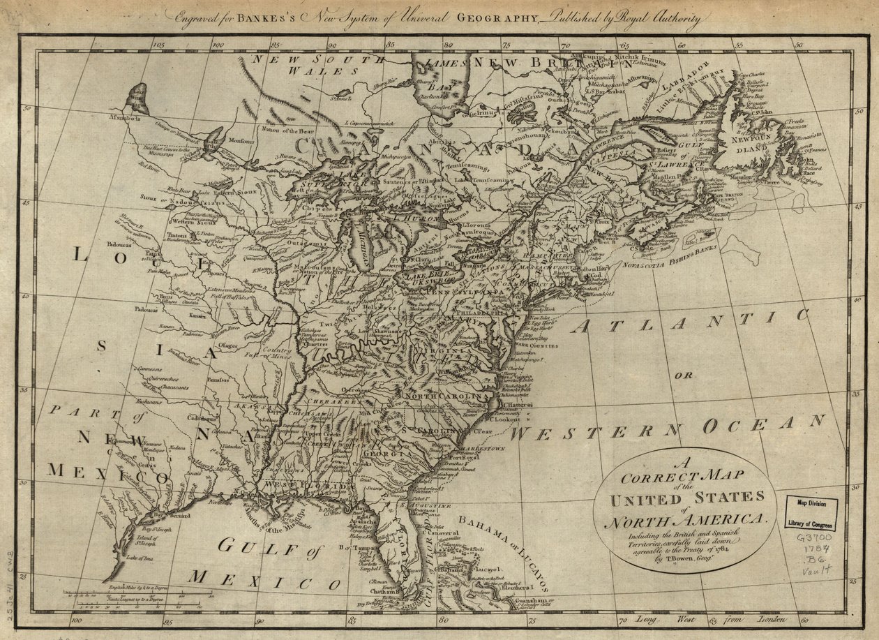 Mapa correcto de los Estados Unidos de América del Norte; incluyendo los territorios británicos y españoles, cuidadosamente trazado de acuerdo con el tratado de 1784. LOC 74692103 de Thomas Bowen