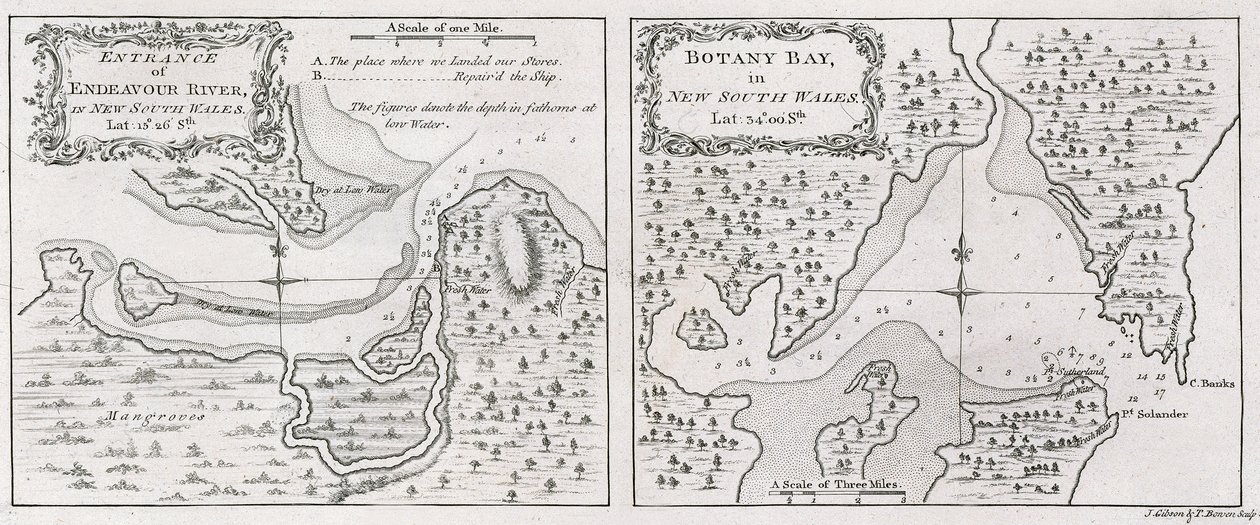 Entrada en las cartas del capitán James Cook del río Endeavour y la bahía Botany en Nueva Gales del Sur de Thomas Bowen