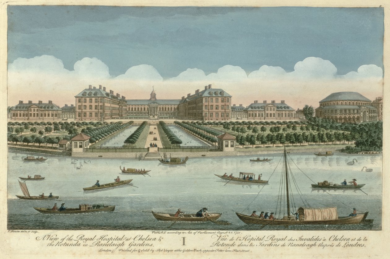 Vista del Hospital Real en Chelsea y la Rotonda en los Jardines de Ranelaigh, pub. por Robert Sayer, 1751 de Thomas Bowles