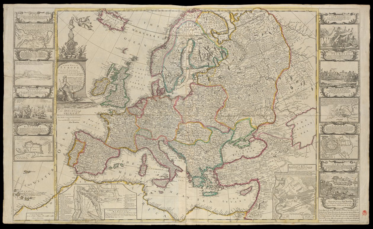 Nuevo Mapa de Europa Hecho a partir de las observaciones más precisas comunicadas a la Royal Society de Londres y París, c.1720 (dibujo técnico) de Thomas Bowles