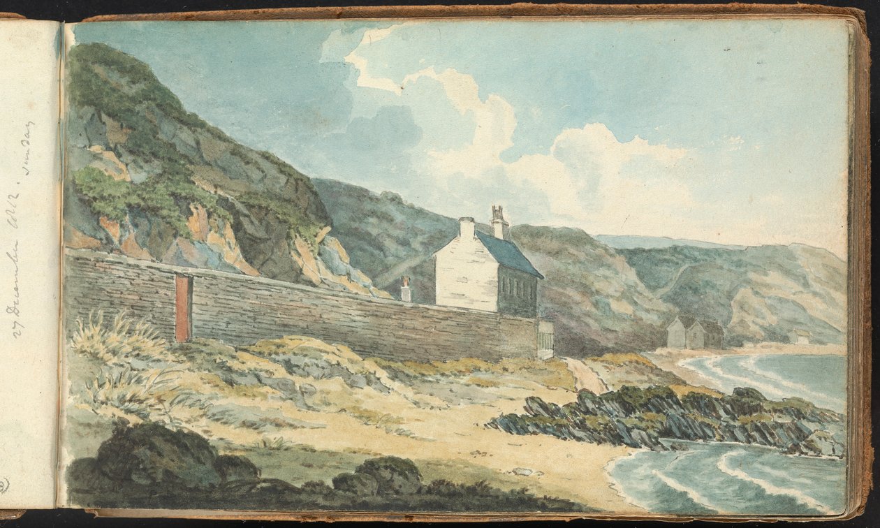 Álbum de dibujos de paisajes y figuras: Casas en una costa rocosa de Thomas Bradshaw