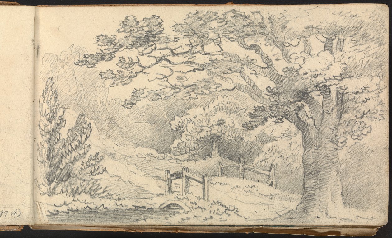 Álbum de estudios de paisajes y figuras: Paisaje rural con puente de Thomas Bradshaw