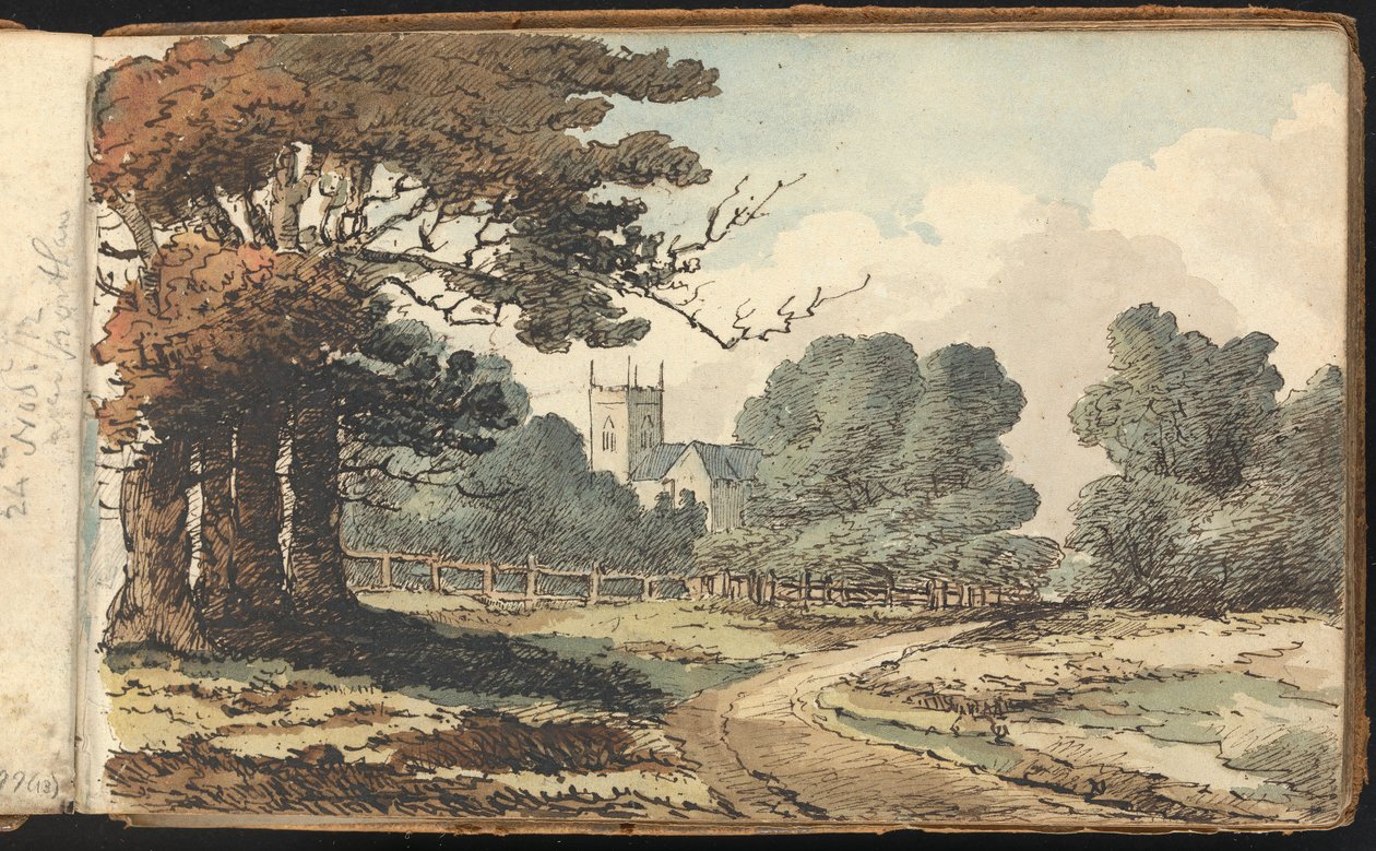 Álbum de estudios de paisajes y figuras: Escena rural con iglesia de Thomas Bradshaw