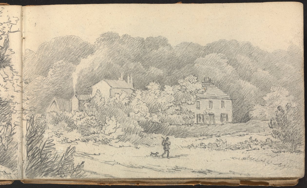 Álbum de Estudios de Paisajes y Figuras: Escena rural con casas y un cazador y su perro de Thomas Bradshaw
