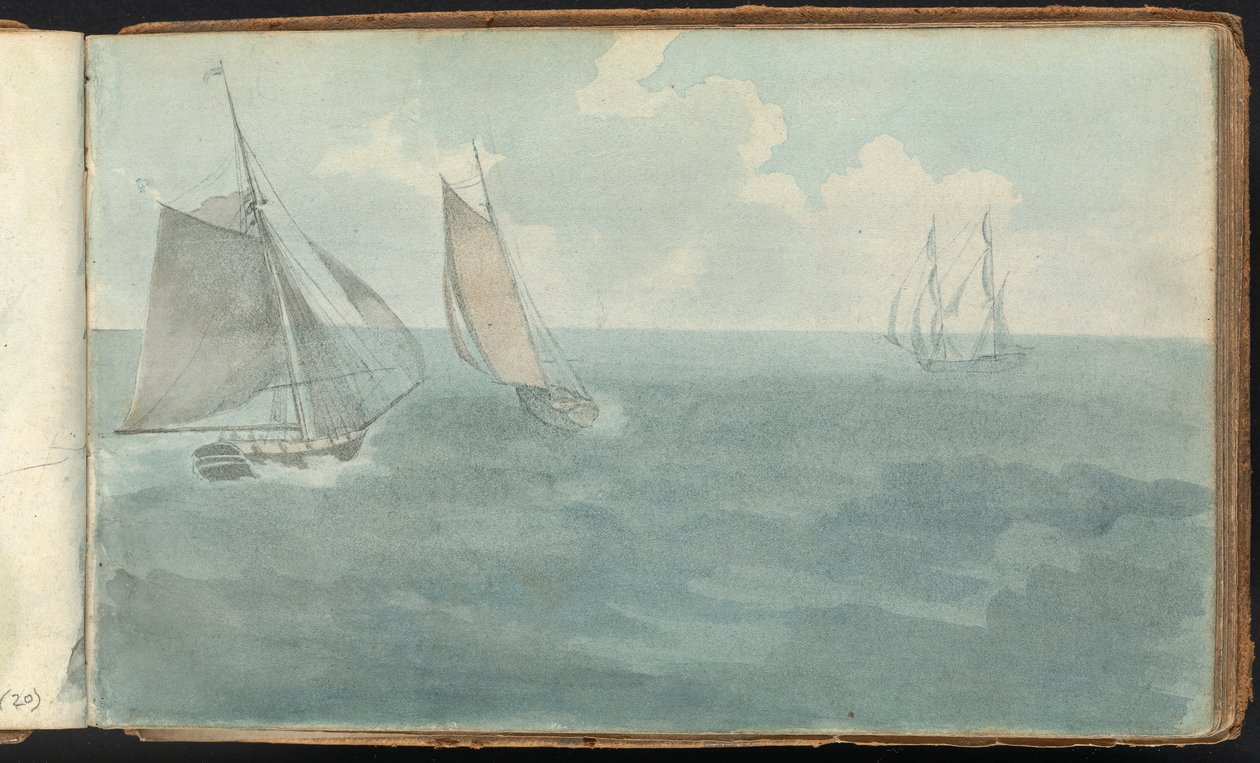 Álbum de estudios de paisajes y figuras: Tres barcos en el mar de Thomas Bradshaw