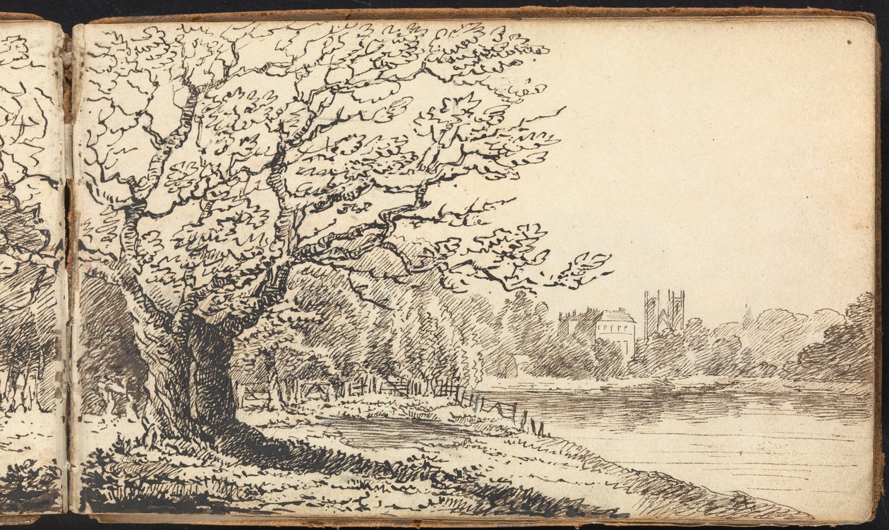 Álbum de estudios de paisajes y figuras: Árboles junto a un río con edificios a lo lejos de Thomas Bradshaw