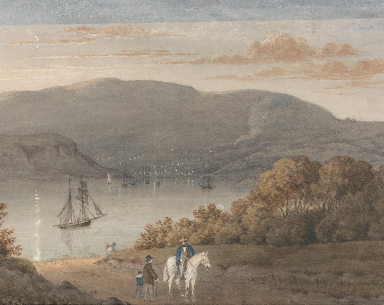 Port Louis desde La Petite Montagne (Crepúsculo) con un jinete y figuras en primer plano de Thomas Bradshaw