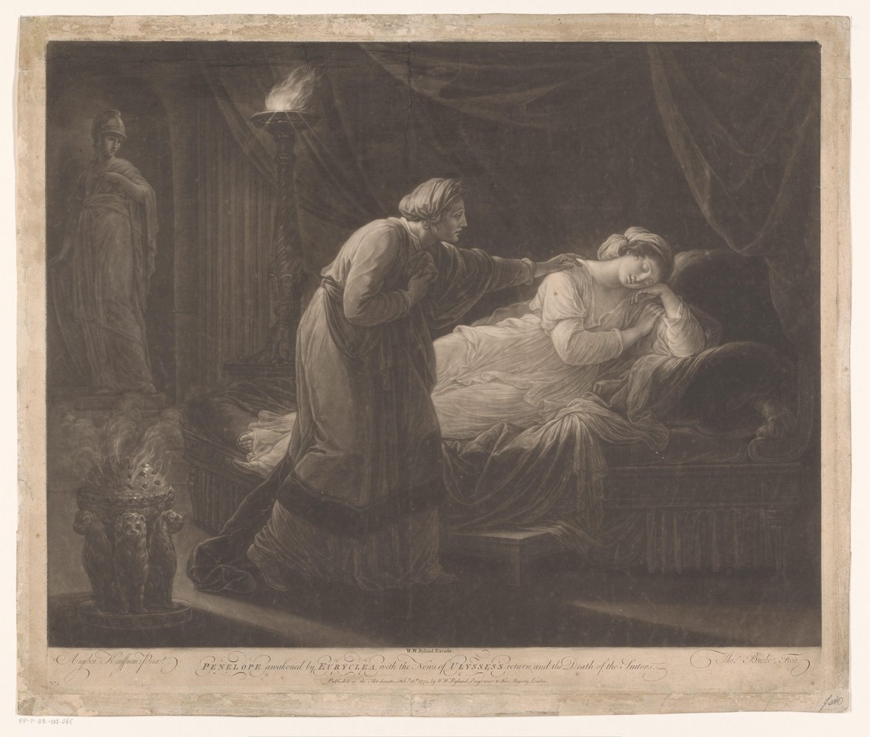 Penélope wordt gewekt puerta Euryclea Penélope despertada por Euryclea, con la noticia del regreso de Ulises y la muerte de los pretendientes (título sobre el objeto) de Thomas Burke