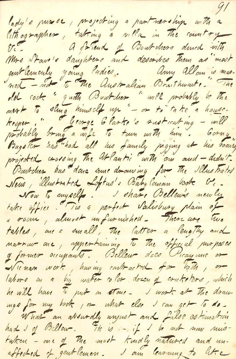 Describe la oficina que comparte con Frank Bellew y una carta de William Boutcher. Transcripción de Thomas Butler Gunn