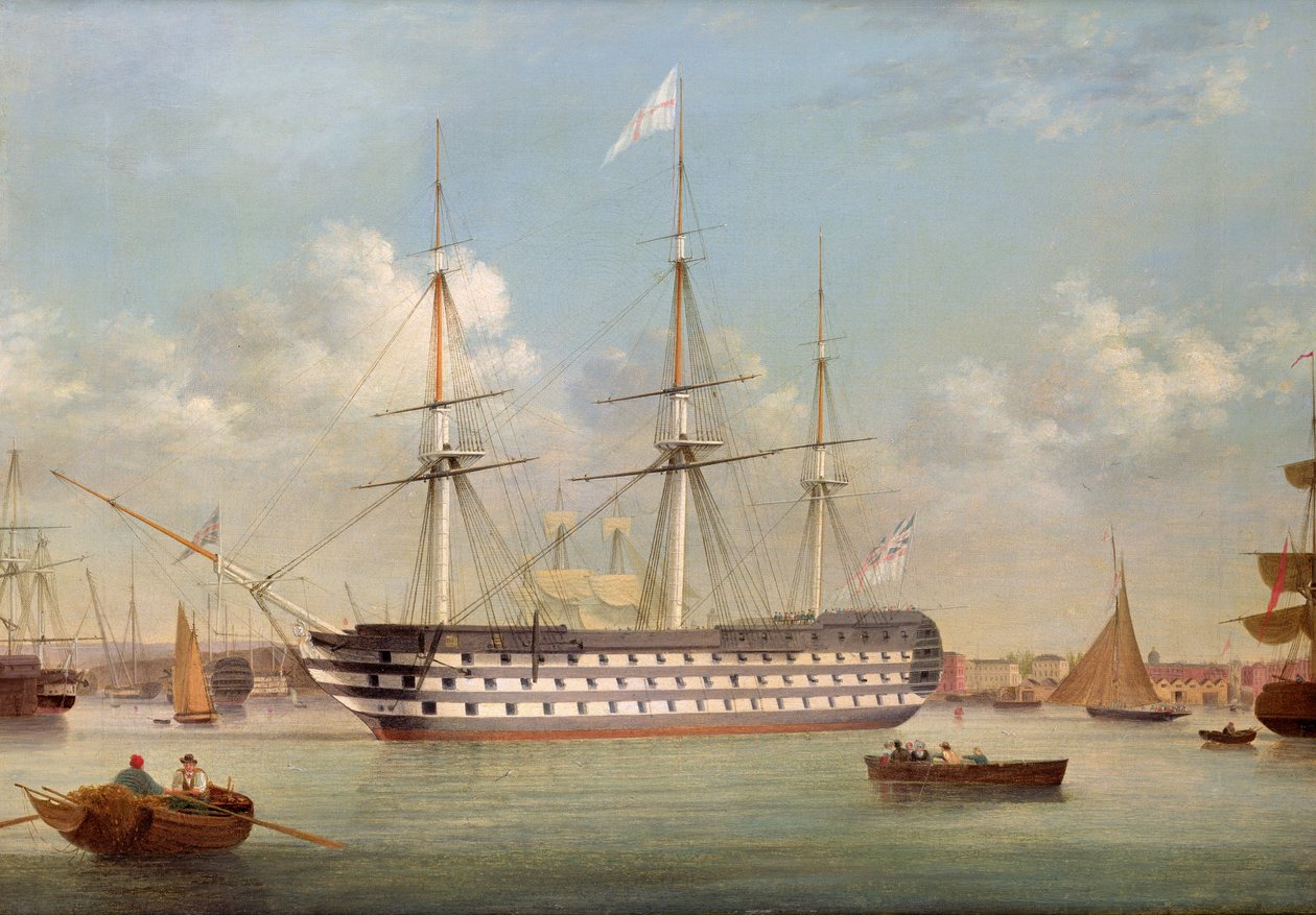 H.M.S. Britannia anclado frente a Plymouth de Thomas Buttersworth